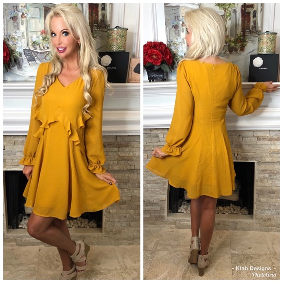 ❤️LAST 1! Mustard Fully Lined Ruffle Swing Dress! - Picture 5 of 5
